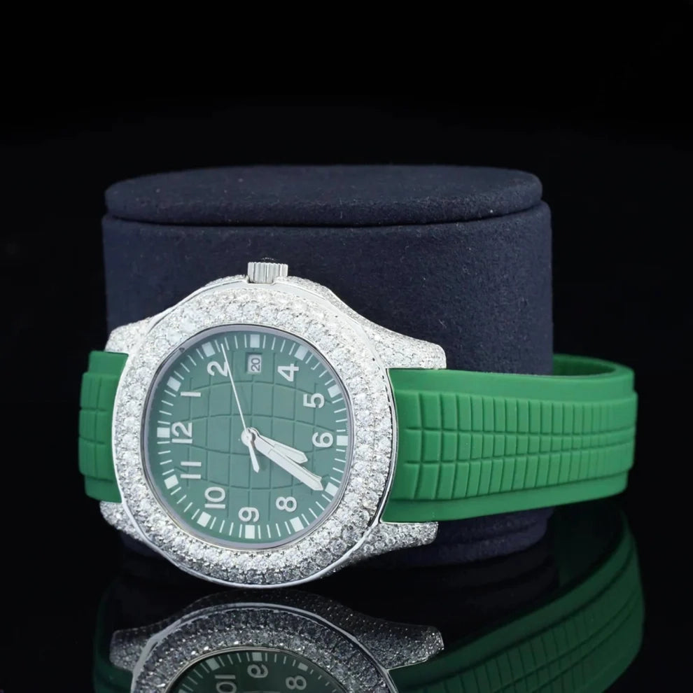 Green Silicon Belt Digit Dial Automatic Moissanite Wrist Watch
