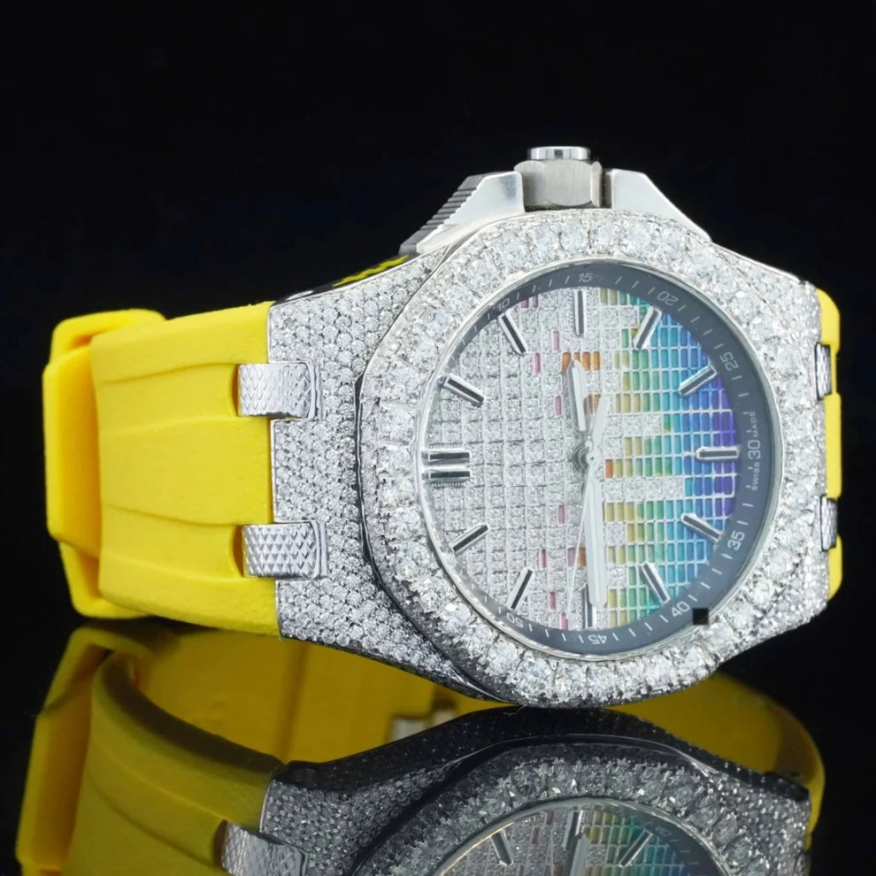 Trendy Yellow Silicone Straps Round Moissanite Fully Bust Down Watch