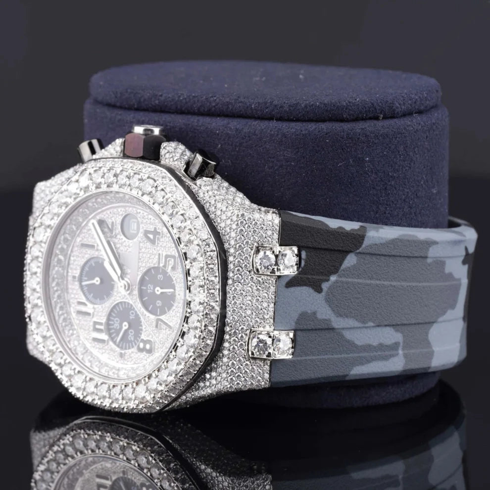 Men Diamond Watch with Grey Army Silicon Band Chronograph Working