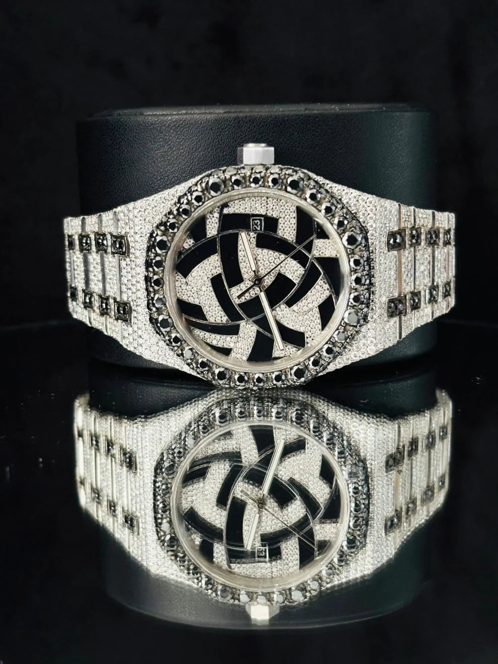 Geometric Dial Black & White Iced Out Hip Hop Moissanite Watch