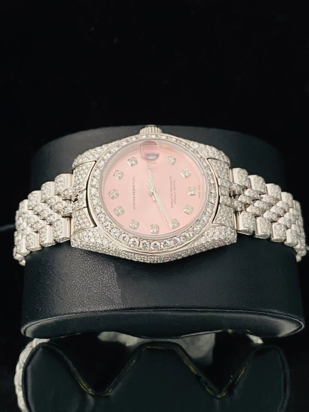 31MM Fully White Iced Out Pink Dial Moissanite Watch For Women