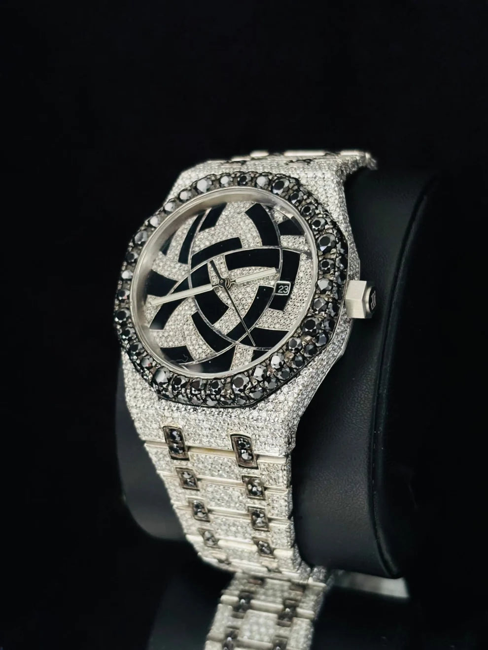 Geometric Dial Black & White Iced Out Hip Hop Moissanite Watch