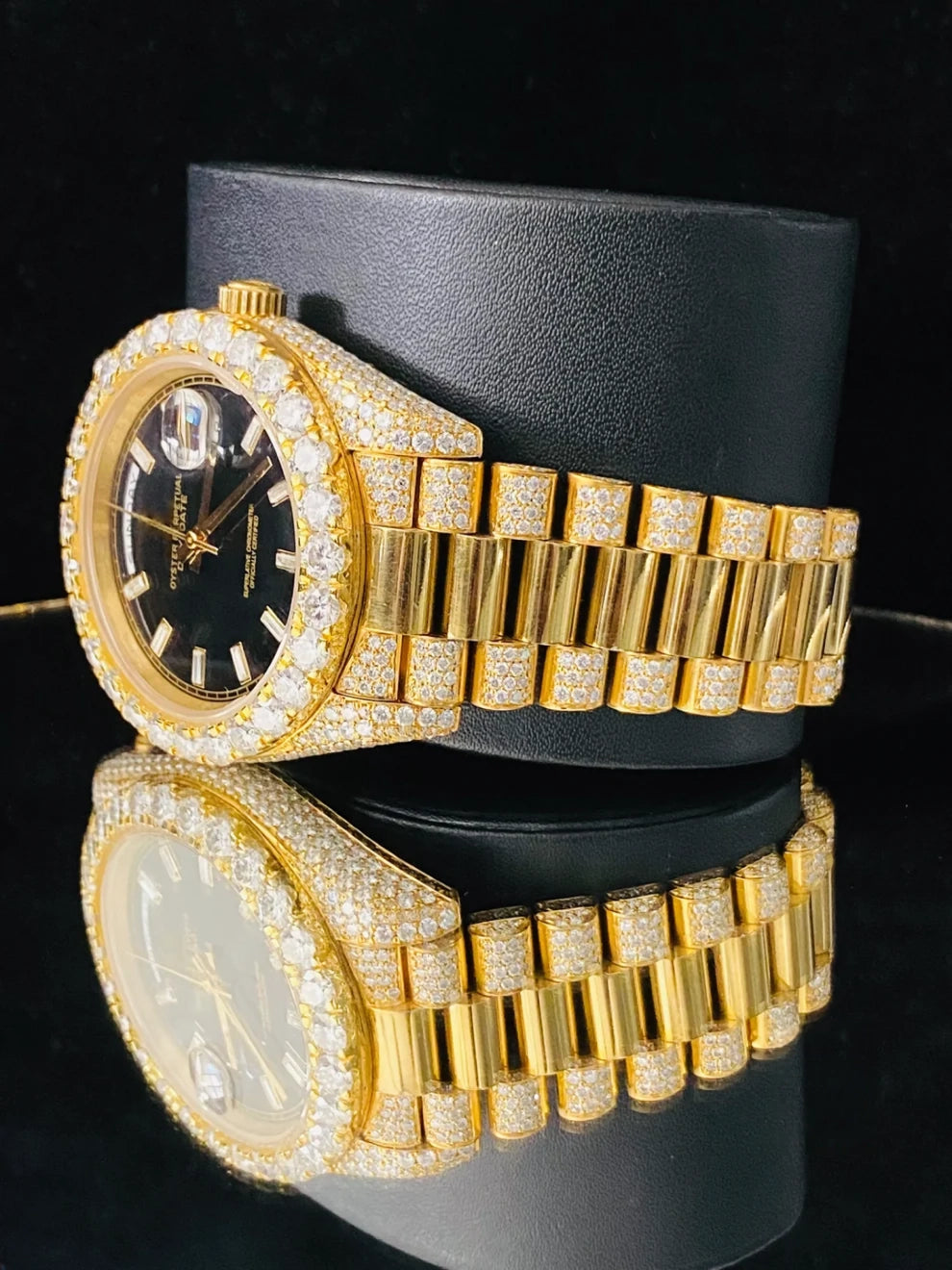 Stunning Black Dial Baguette Bar Iced Out Moissanite Watch