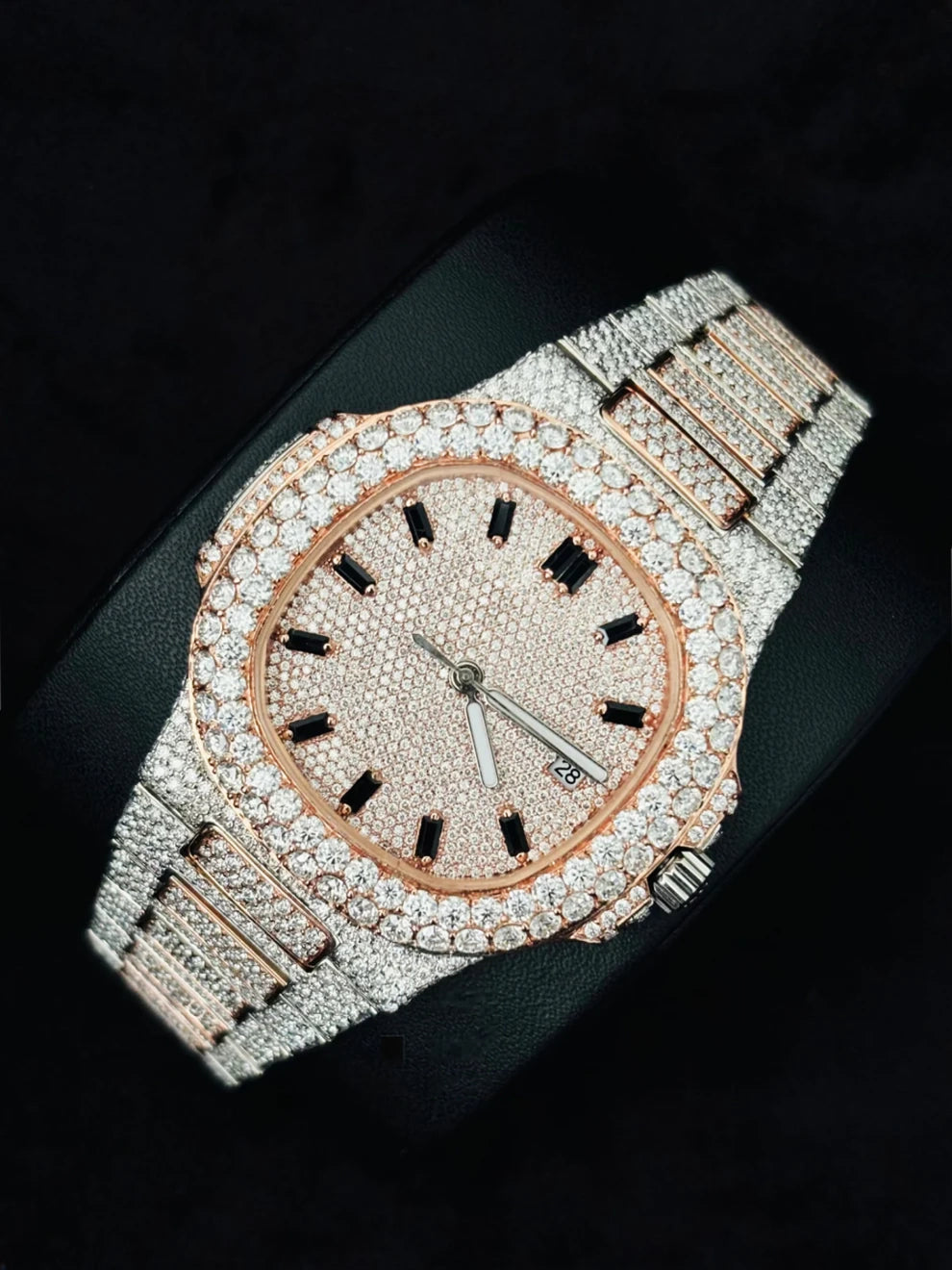 41MM Rose Gold Plated Iced Black Bar Moissanite Watch