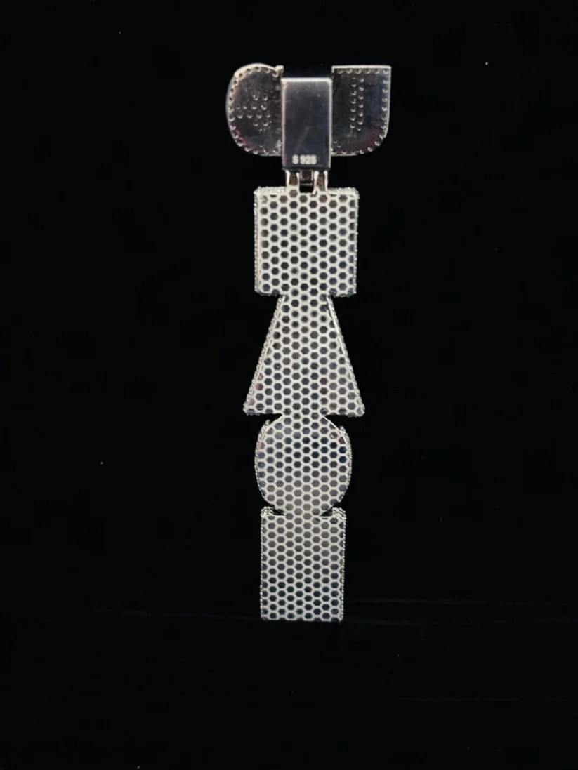 925 sterling silver custom vertical name pendant with moissanite diamonds back view