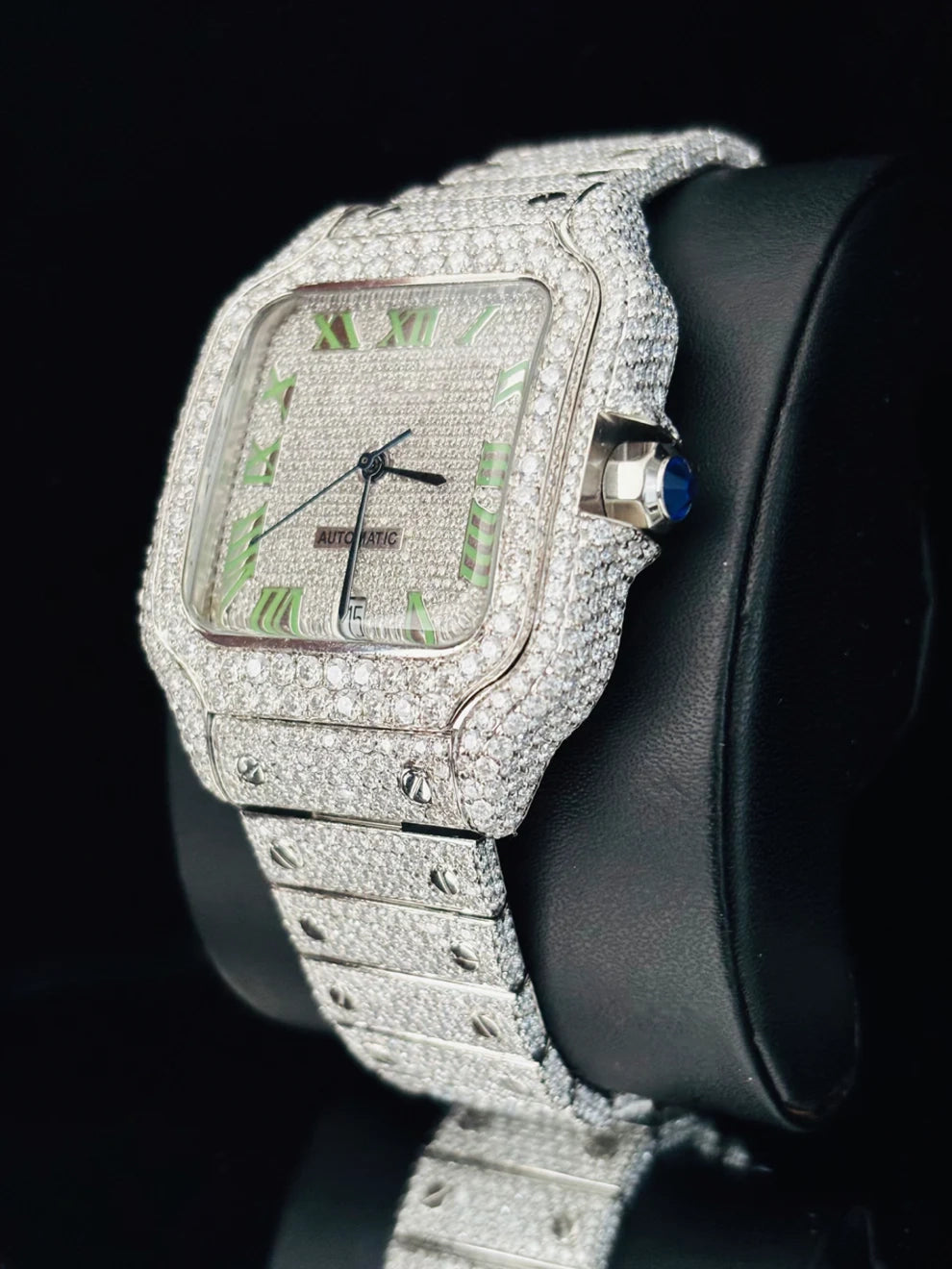 Fully Bust Down Roman Dial Stainless Steel Moissanite Watch