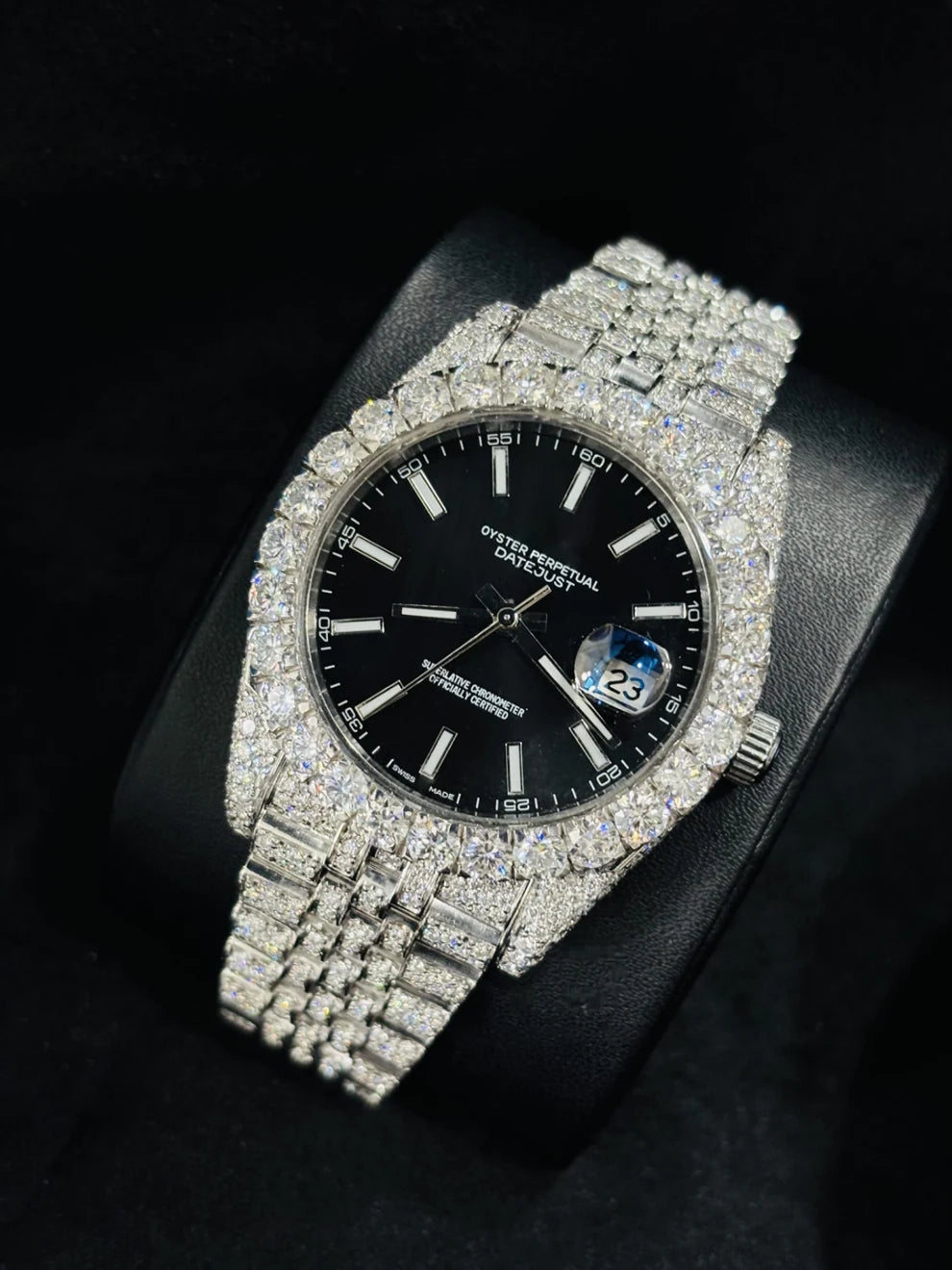Jubilee Strap Black Dial Bust Down Moissanite Wrist Watch
