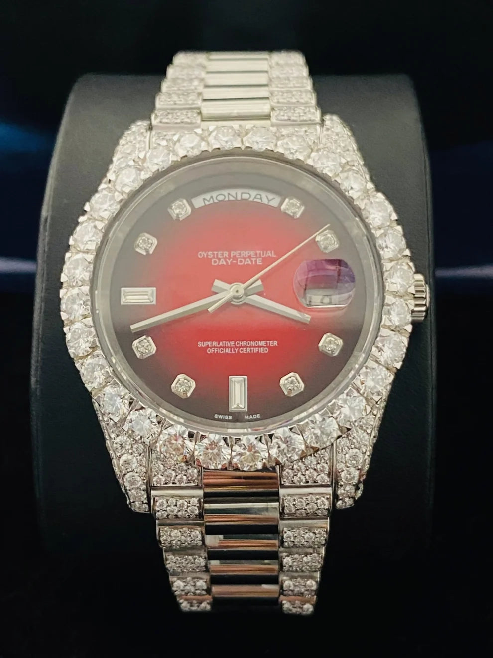 Elegant Red Black Dial Iced Out Moissanite Watch For Men