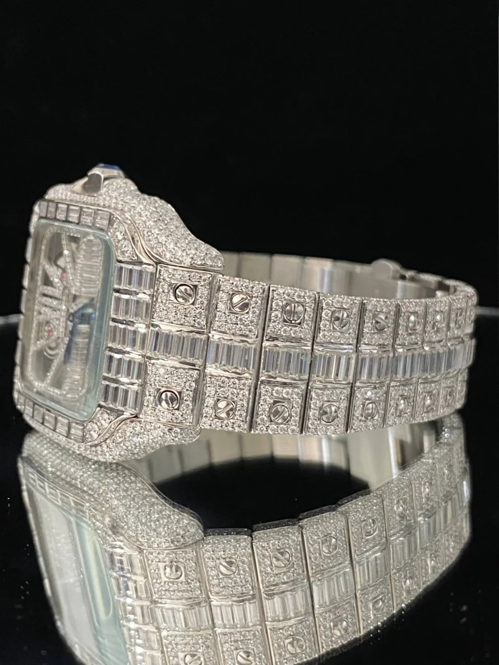 Fully Iced Out Skeleton Dial Baguette Diamond Moissanite Watch