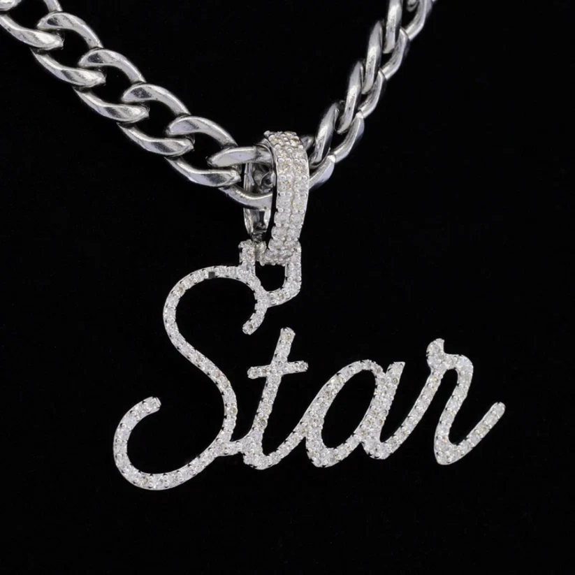 Custom iced out Star cursive name pendant necklace in white gold 