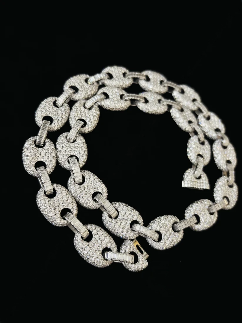 Men's hip hop iced out pave diamond puff link necklace a silver chain