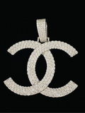 front view ced out interlocking double C logo pendant necklace charm in silver tone with white pavé diamonds.