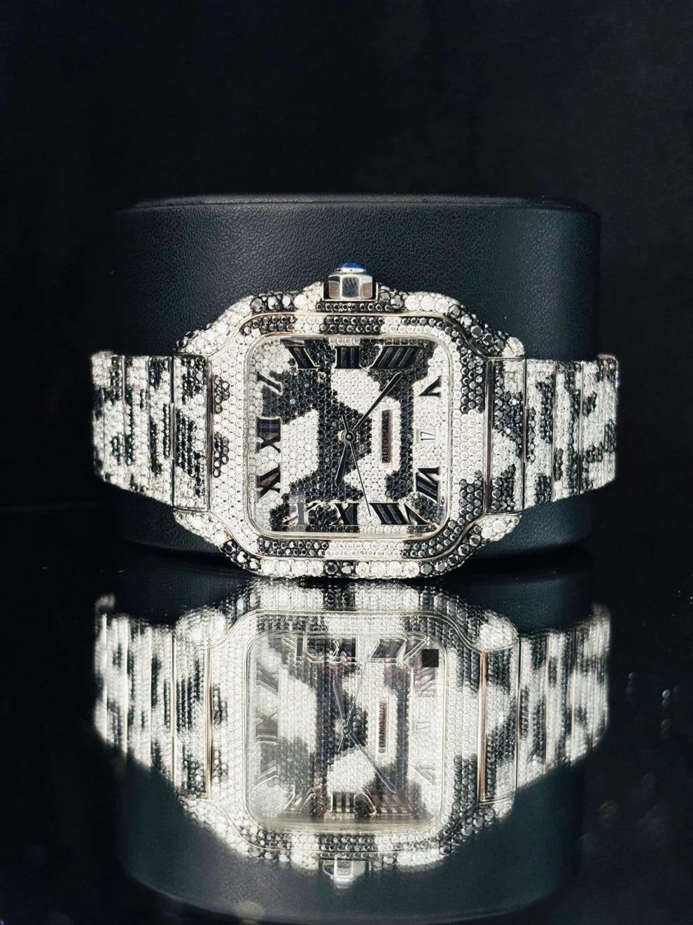 Roman Number Black & White Camo Style Moissanite Watch