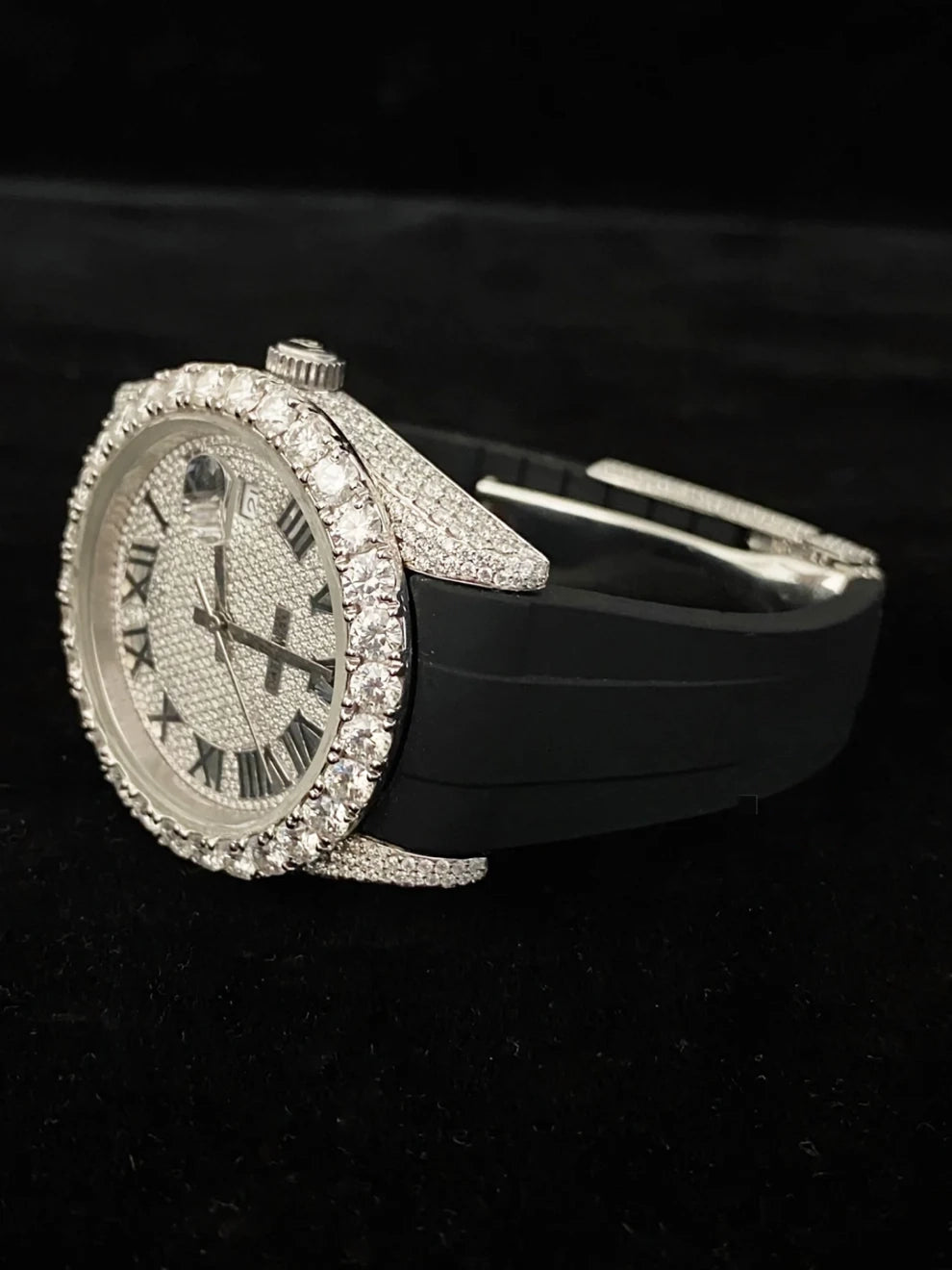 Elegant Half Iced Out VVS Moissanite Watch With Black Silicon Straps