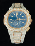 Two Tone Blue Dial Rose Gold Plated Moissanite Watch