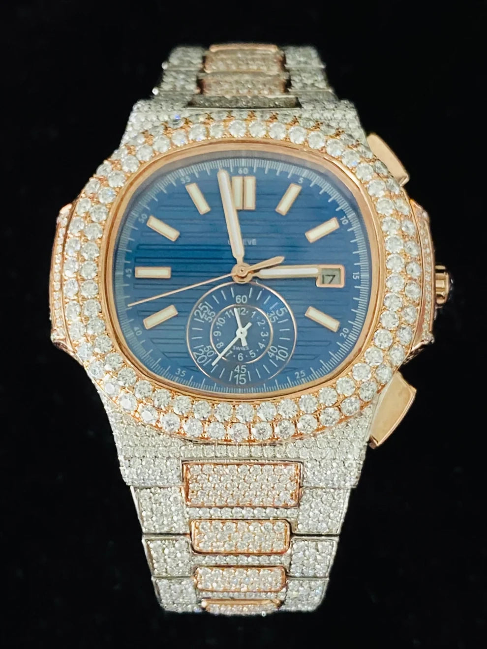 Two Tone Blue Dial Rose Gold Plated Moissanite Watch