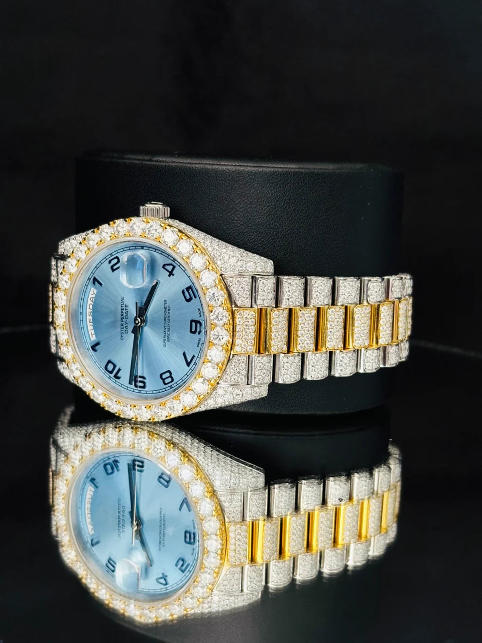 Dual Tone Day Date Sky Blue Dial Moissanite Watch