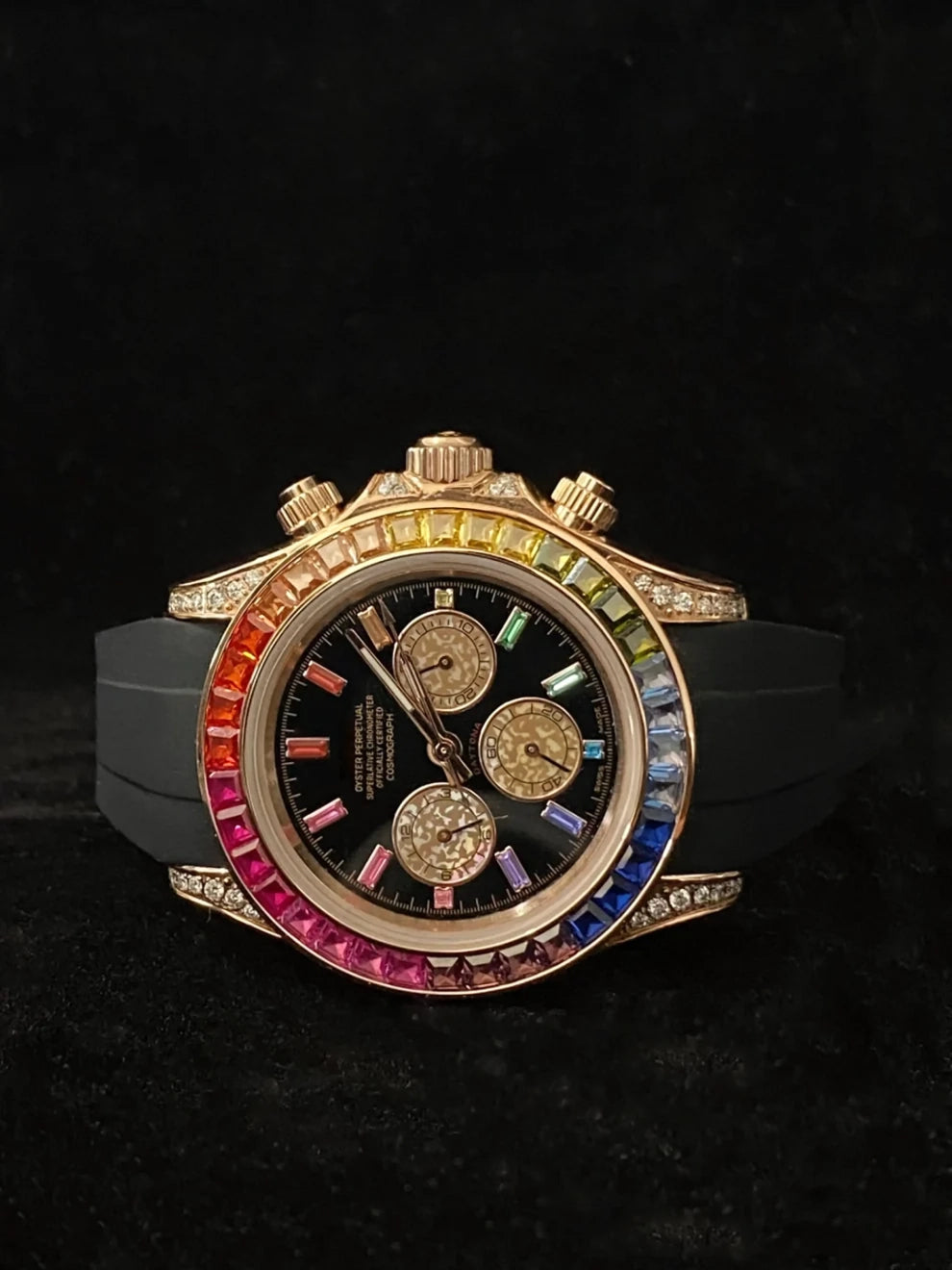 Black Strap With Colorful Baguette Bezel Dial Moissanite Watch