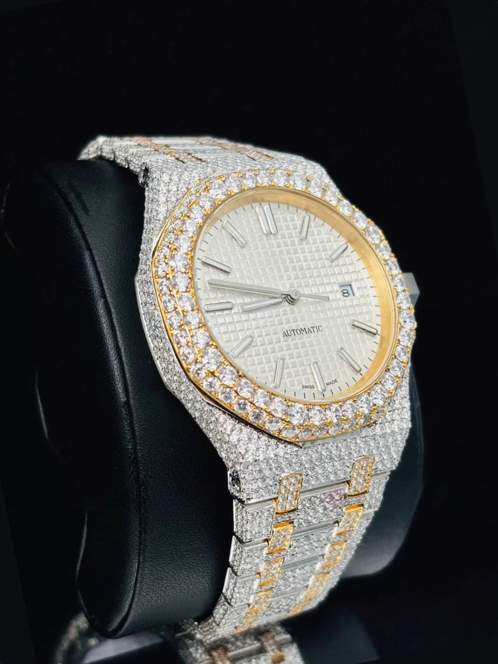 White Dial Two Tone Moissanite Diamond Studded Watch
