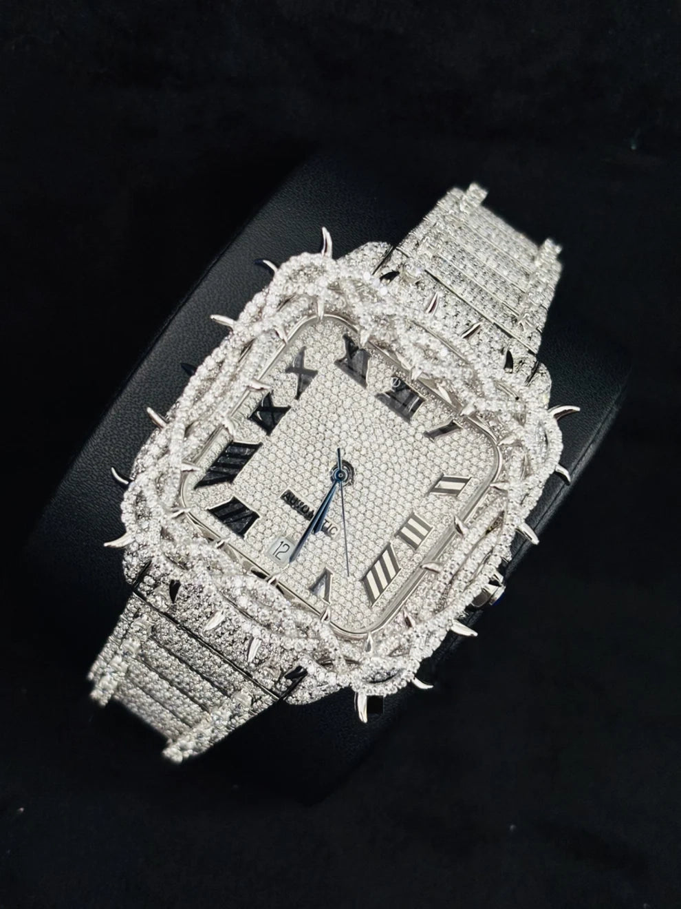 Roman Number Iced Out Thorn Crown Moissanite Watch
