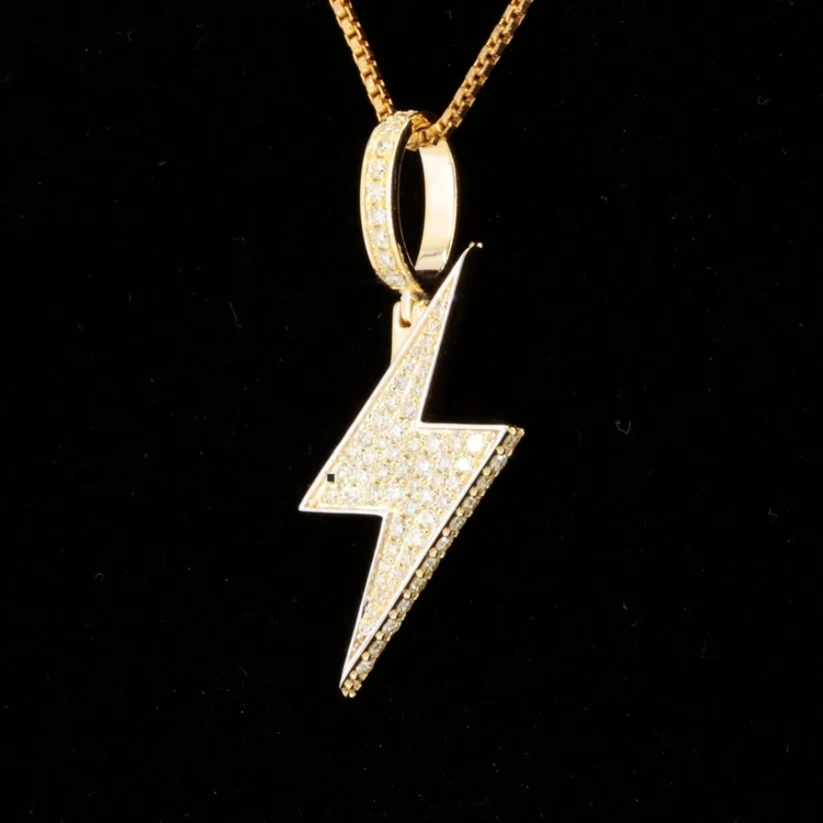 front view Gold iced out lightning bolt pendant necklace with diamonds