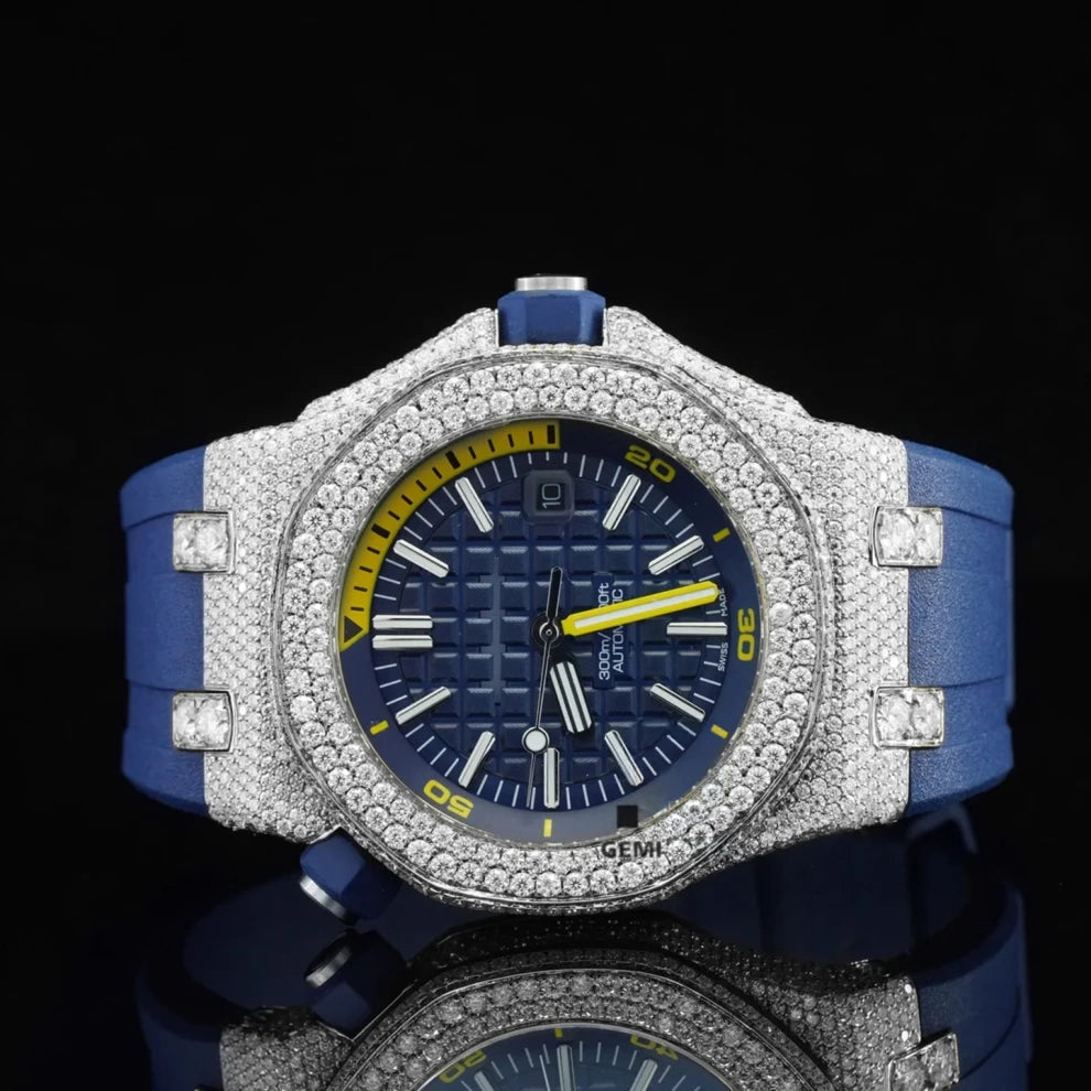 Blue Dial VVS Moissanite Bezel Diamond Stainless Steel Watch
