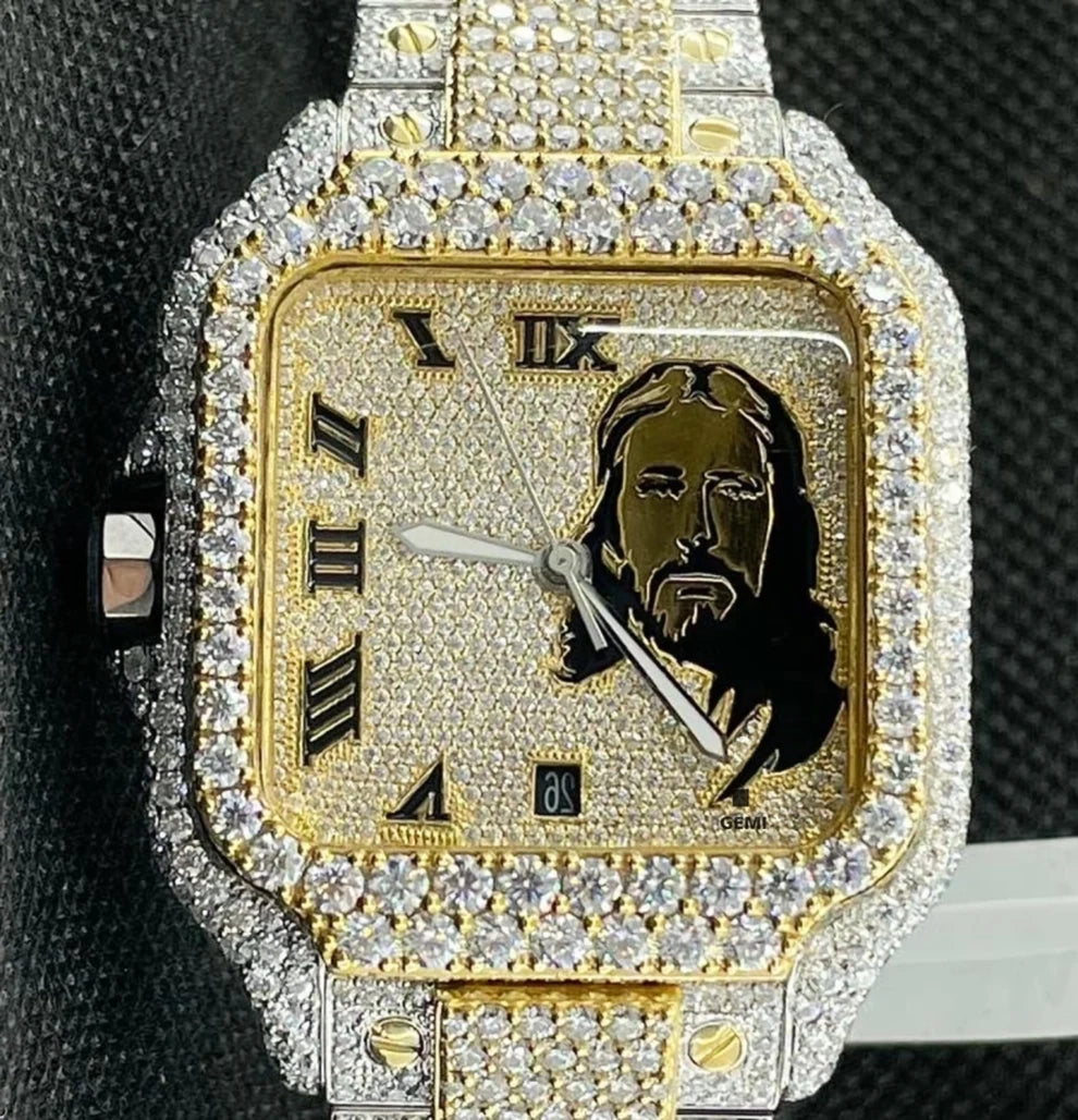 Trendy Jesus Face Fully Bust Down Moissanite Two Tone Wrist Watch