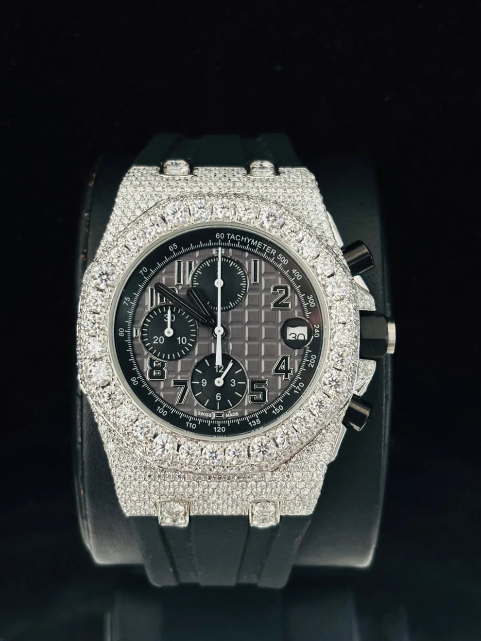 Black Dial Multi Chronograph Moissanite Diamond Watch
