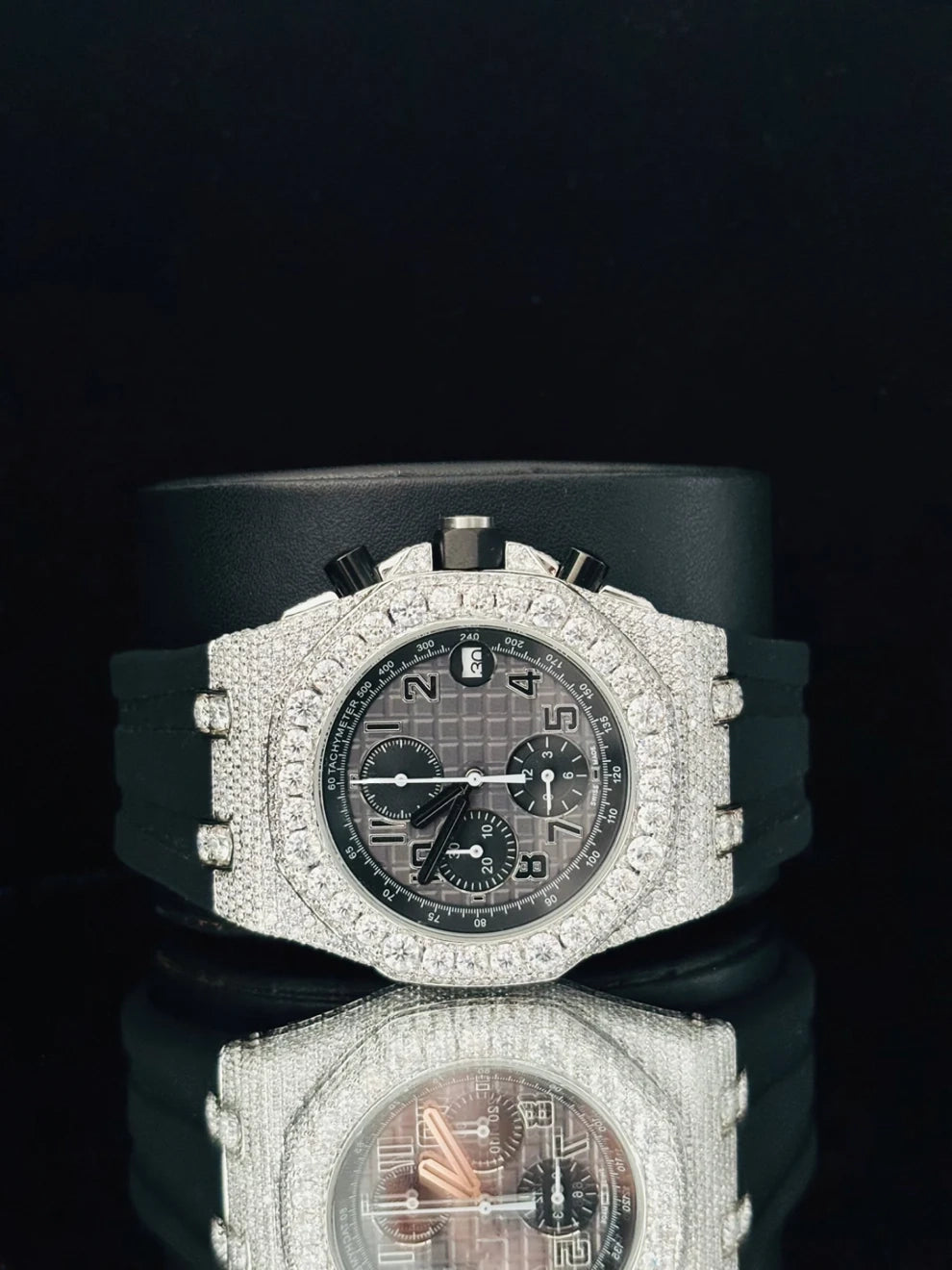 Black Dial Multi Chronograph Moissanite Diamond Watch