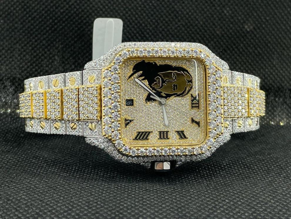 Trendy Jesus Face Fully Bust Down Moissanite Two Tone Wrist Watch
