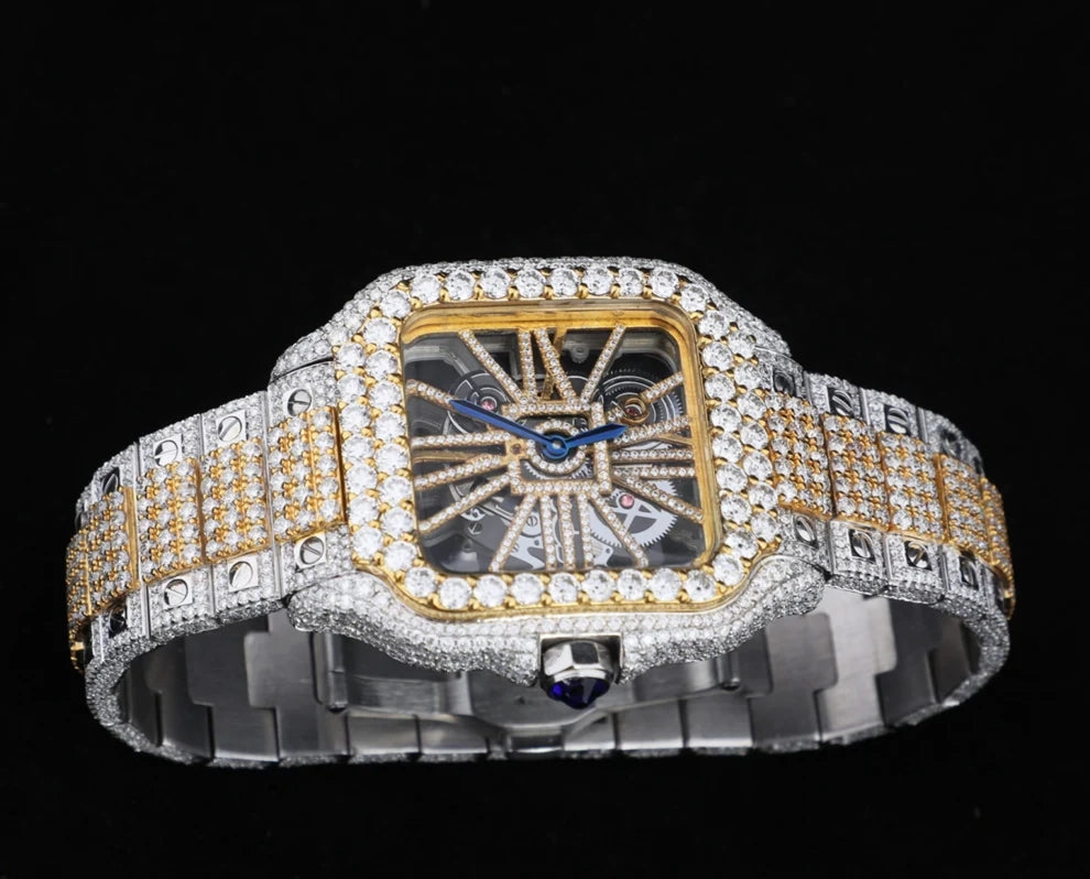 Fully VVS Moissanite Studded Two Tone Skeleton Diamond Watch