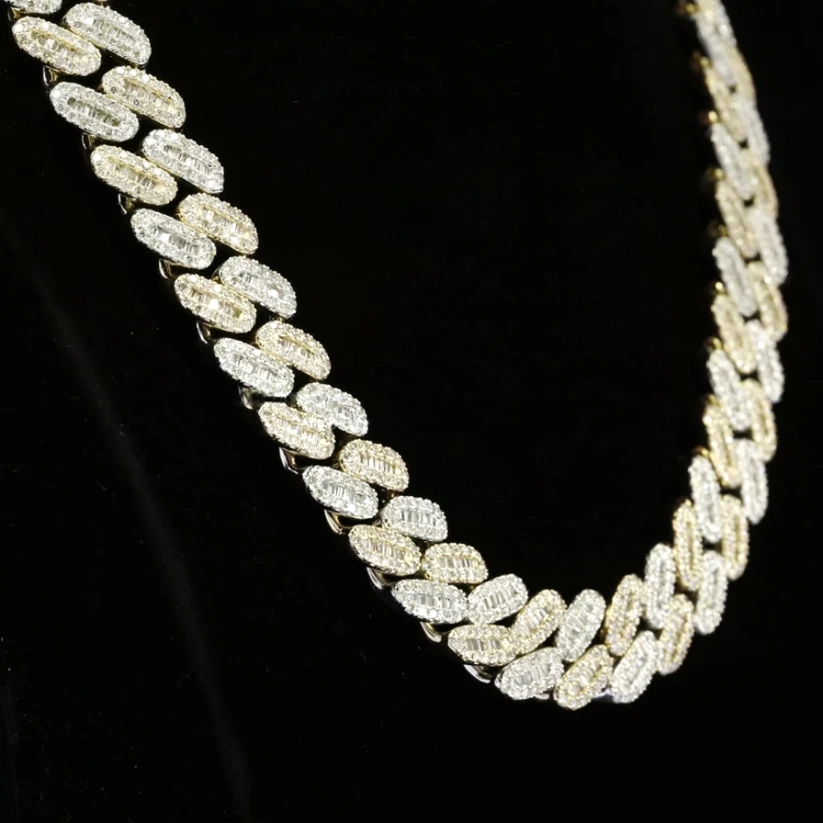 Close-up of iced out iced Miami Cuban chain with baguette and round diamonds