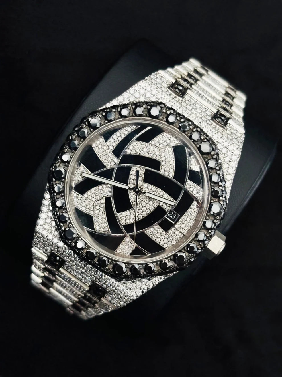 Geometric Dial Black & White Iced Out Hip Hop Moissanite Watch