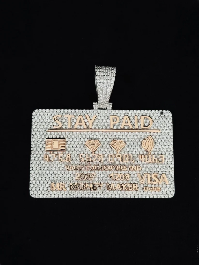 front view Custom iced-out credit card pendant necklace in white and rose gold with diamond accents featuring 'STAY PAID' and 'MR. MONEY MAKER' lettering.