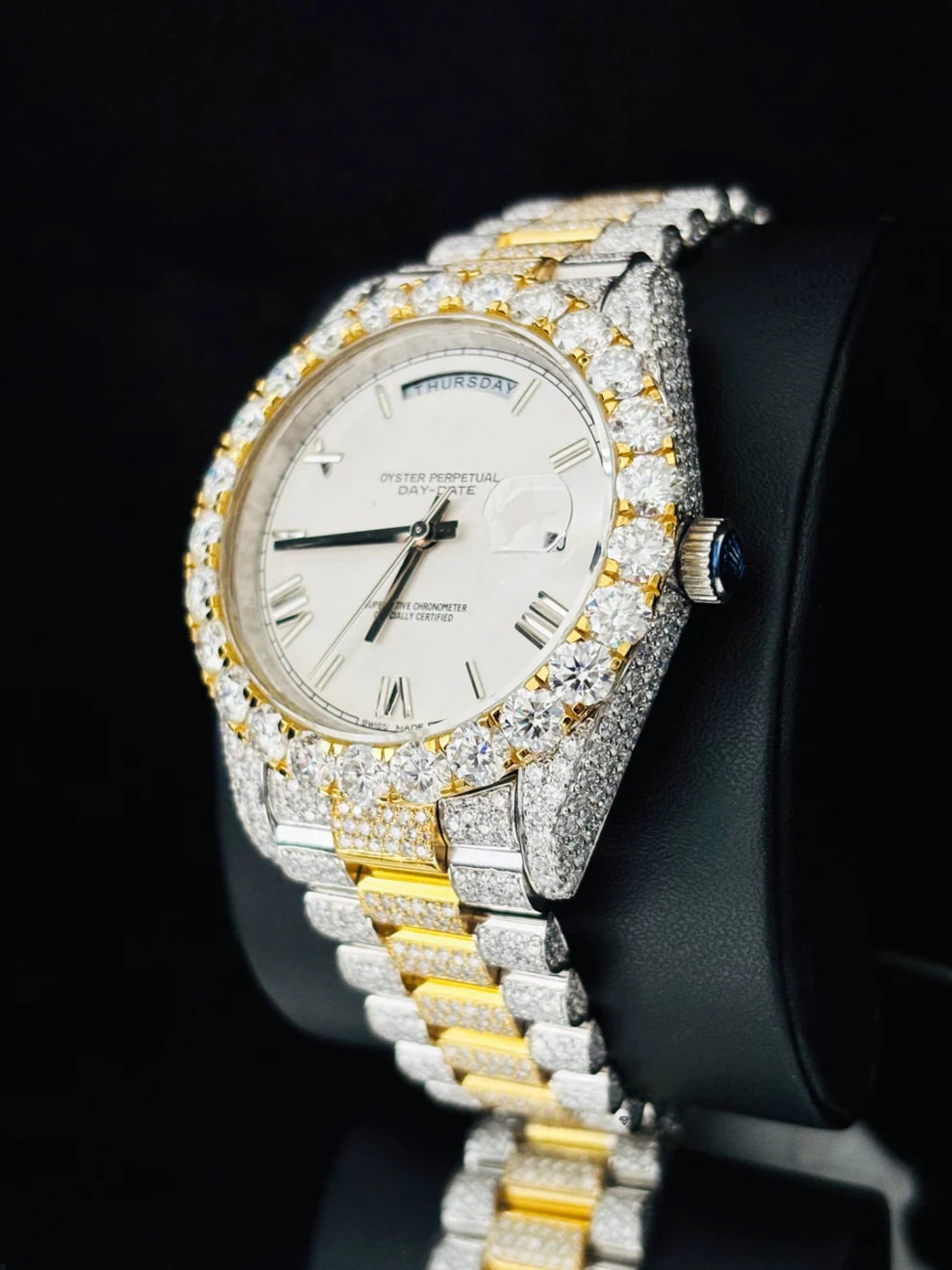 Dual Tone White Dial Roman Number Moissanite Watch