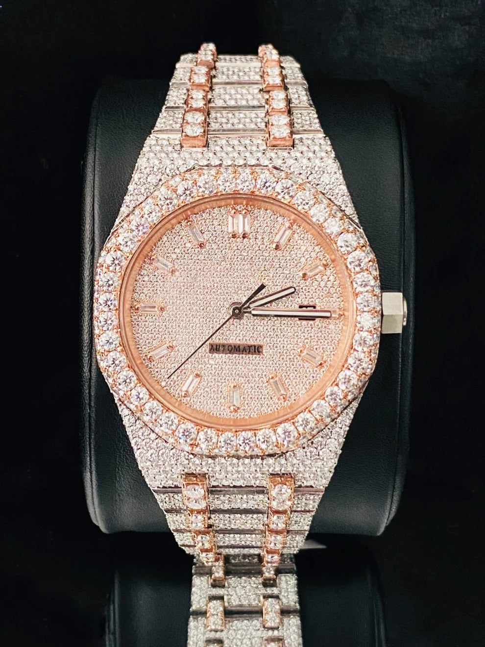Two Tone Baguette Bar Fully Studded Moissanite Watch
