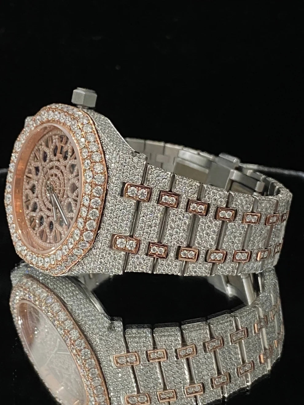 Two Tone Rose Gold Plated Skeleton Dial Moissanite Watch