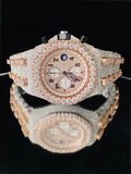 front view Custom iced-out chronograph watch with rose gold dial and fully iced diamond bezel and band
