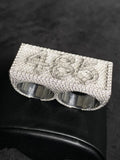 front view Iced-out 925 sterling silver custom two-finger ring encrusted with VVS moissanite diamonds featuring the numbers 485 in a hip-hop style.