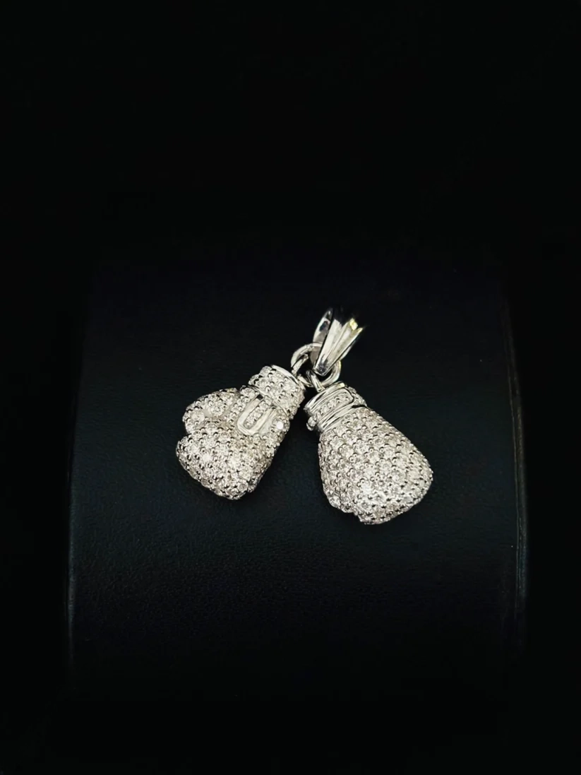 front view Silver iced out double boxing gloves pendant necklace iced with pavé stones
