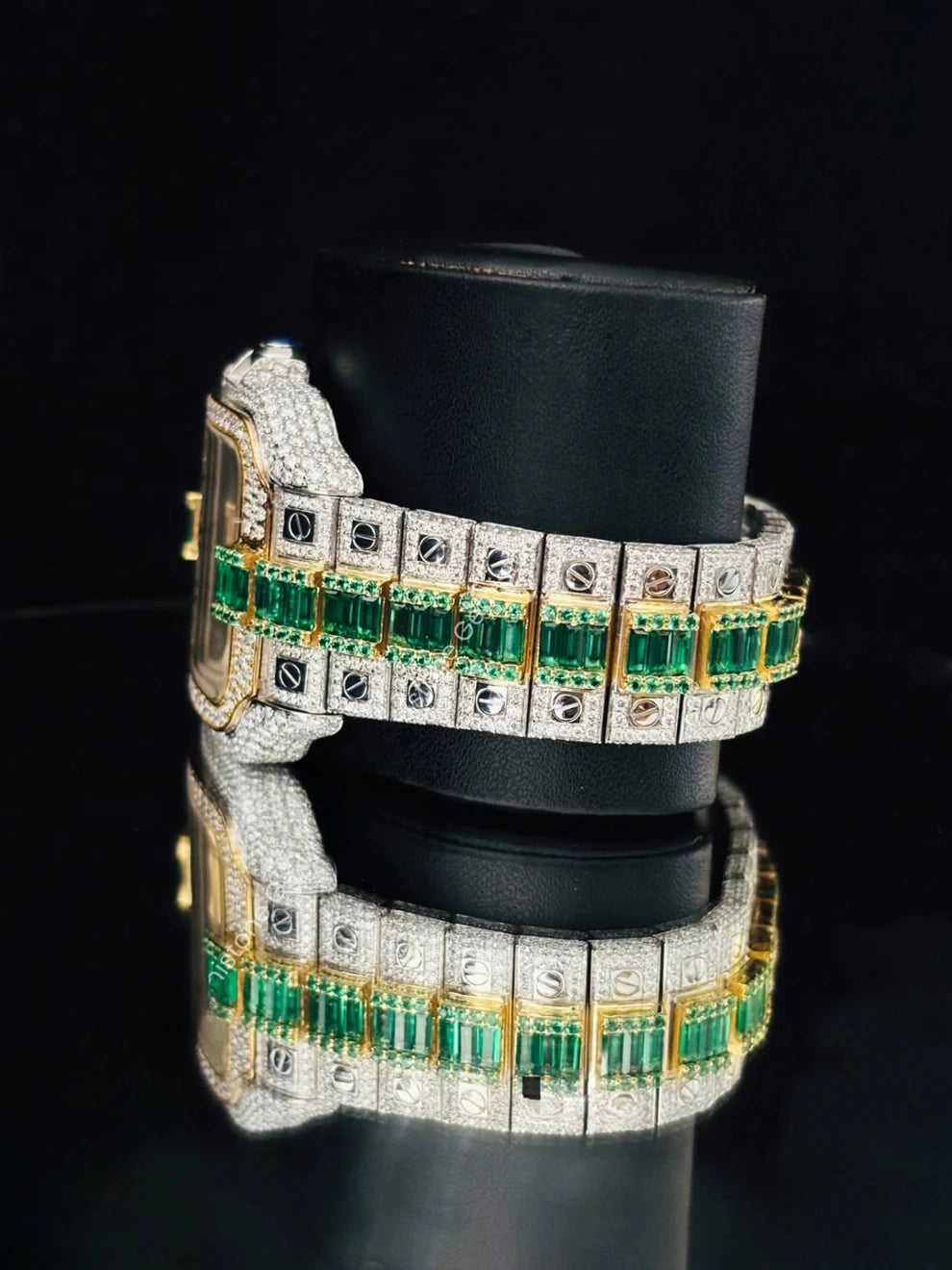 Mens Two Tone Arabic Number Green & White Moissanite Watch