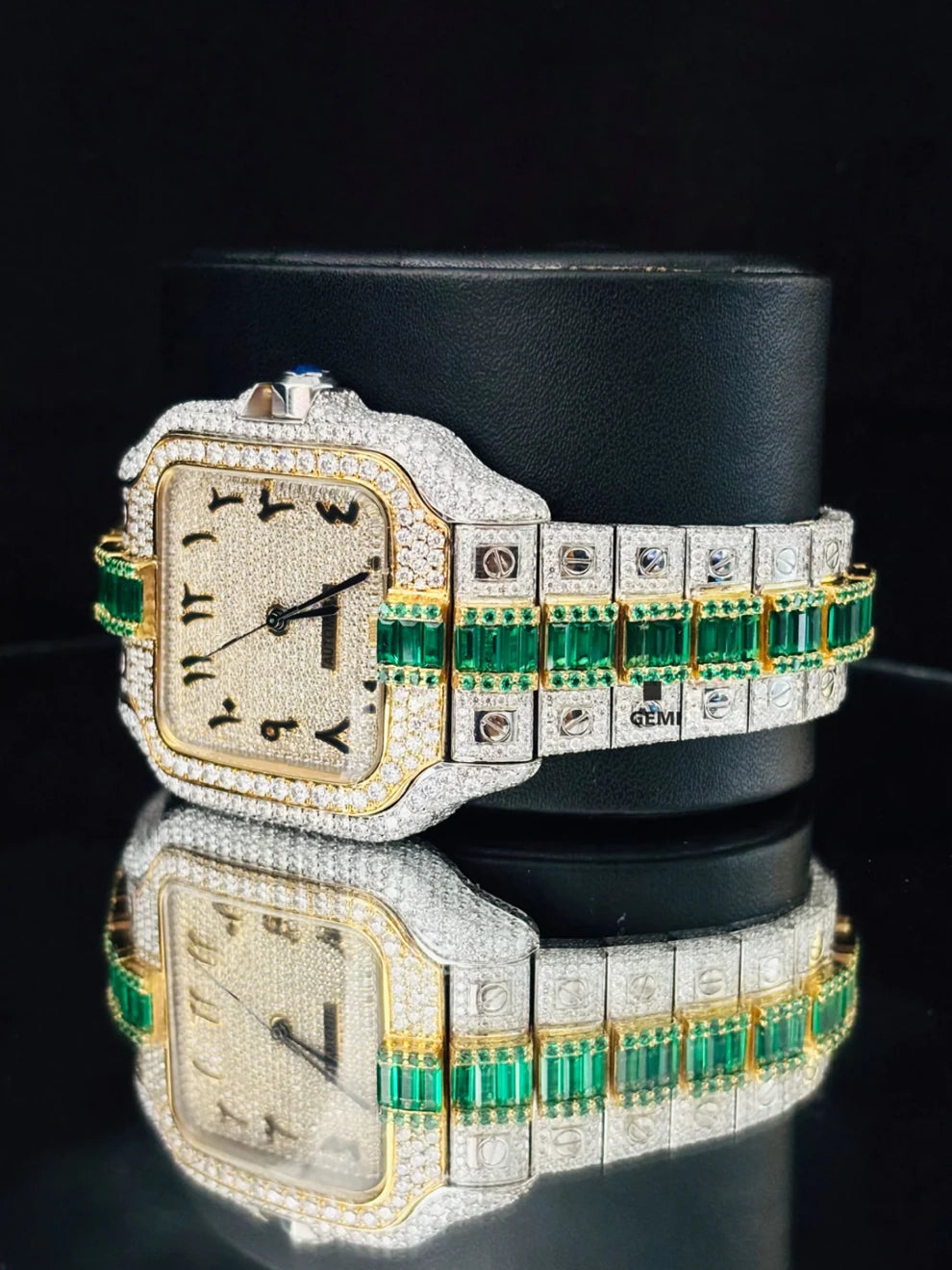 Mens Two Tone Arabic Number Green & White Moissanite Watch