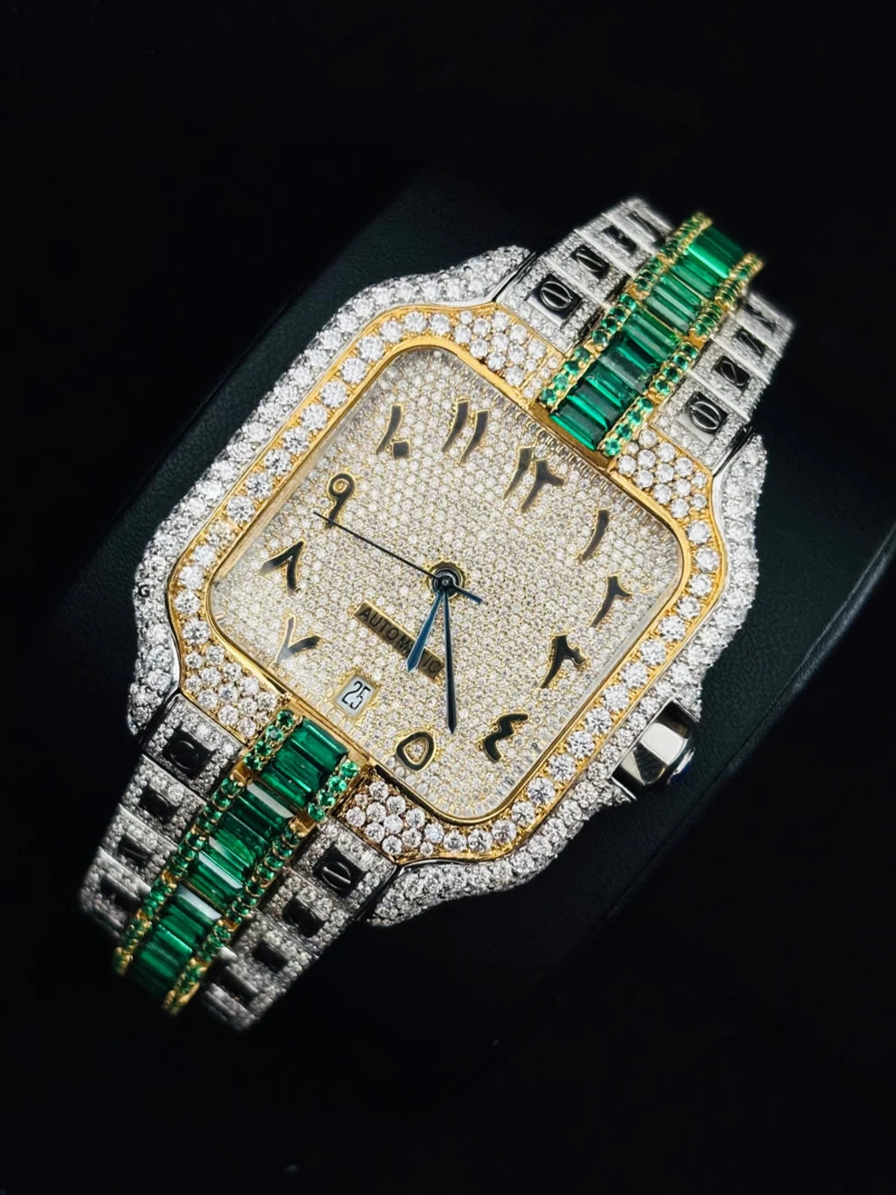 Mens Two Tone Arabic Number Green & White Moissanite Watch