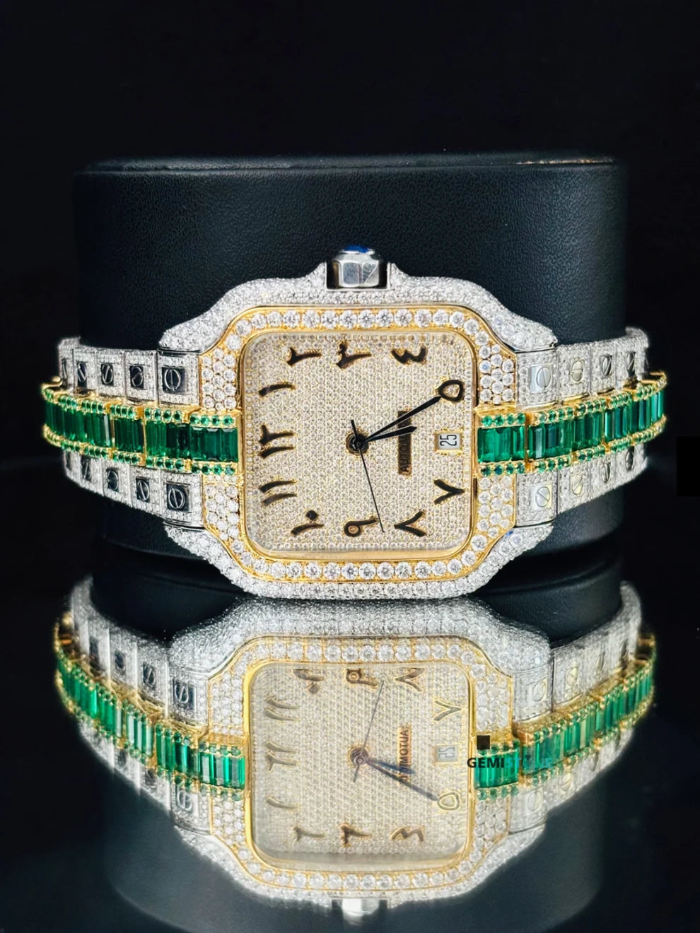 Mens Two Tone Arabic Number Green & White Moissanite Watch