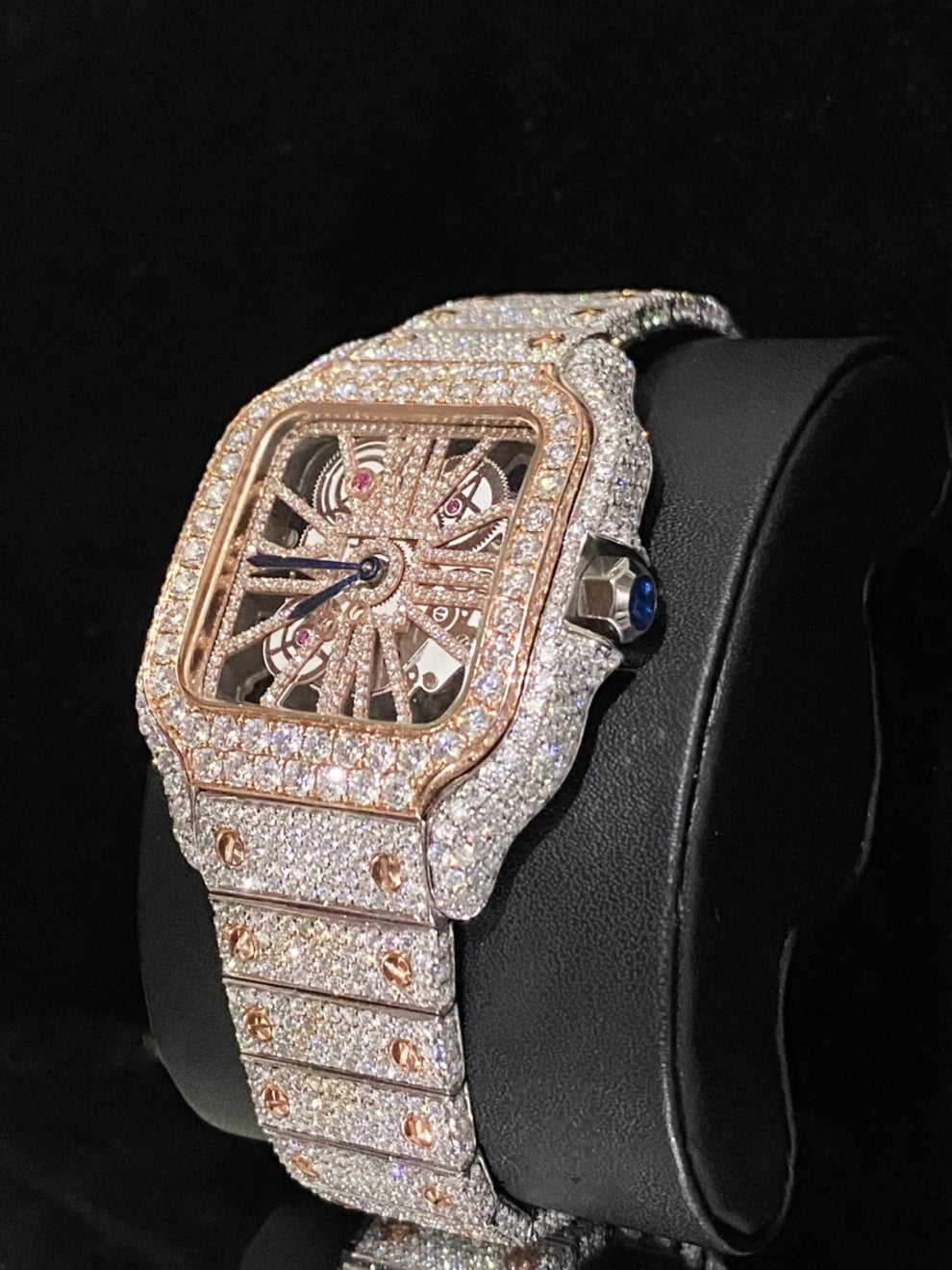 Men Dual Tone Fully Ice Out Skeleton Moissanite Watch