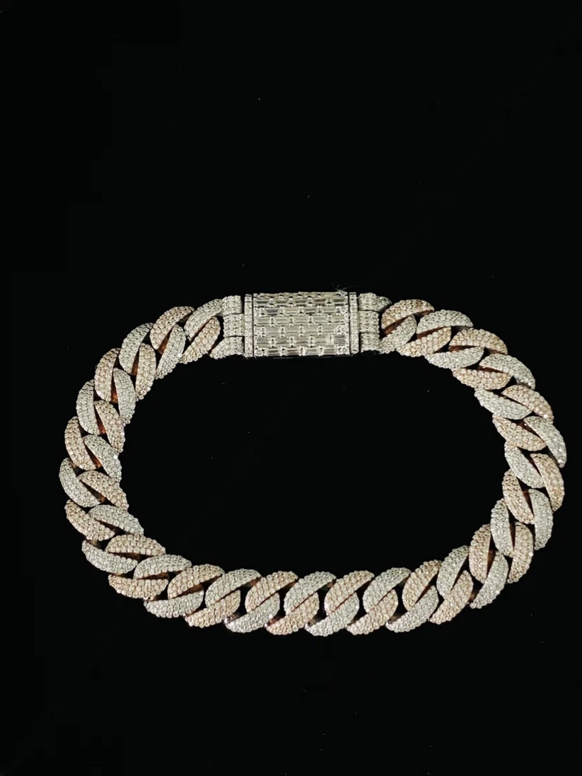 14k yellow gold diamond Cuban link chain bracelet with micro pave diamond box lock