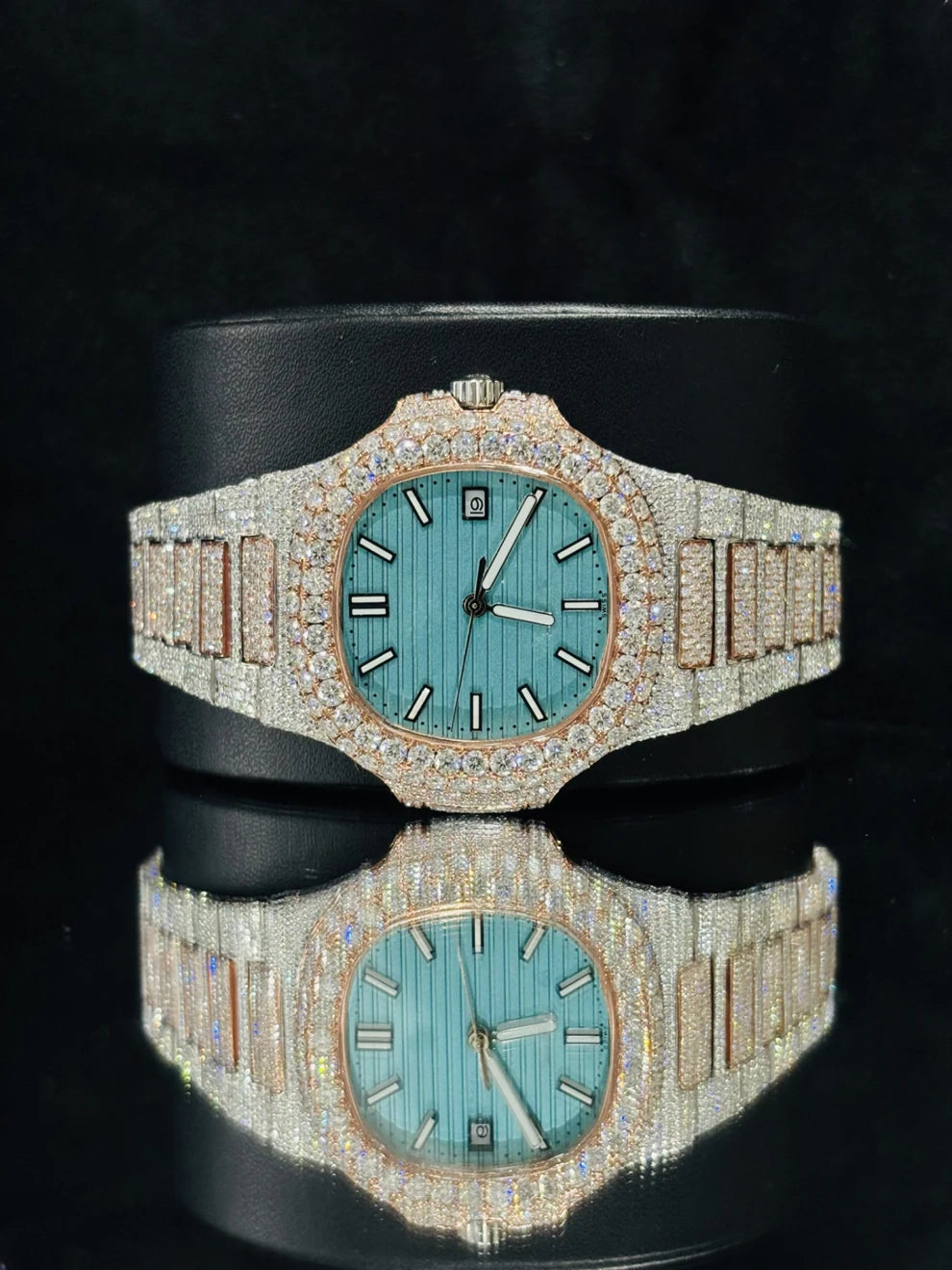 41MM Dual Tone Sky Blue Dial Iced Out Moissanite Watch