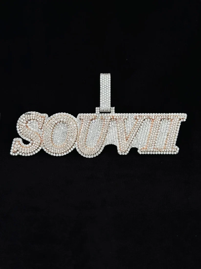 front view Custom iced-out "SOUVII" diamond name pendant in white and rose gold.