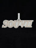 front view Custom iced-out "SOUVII" diamond name pendant in white and rose gold.