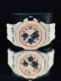 close- up view Iced out custom diamond chronograph luxury watch with white rubber band